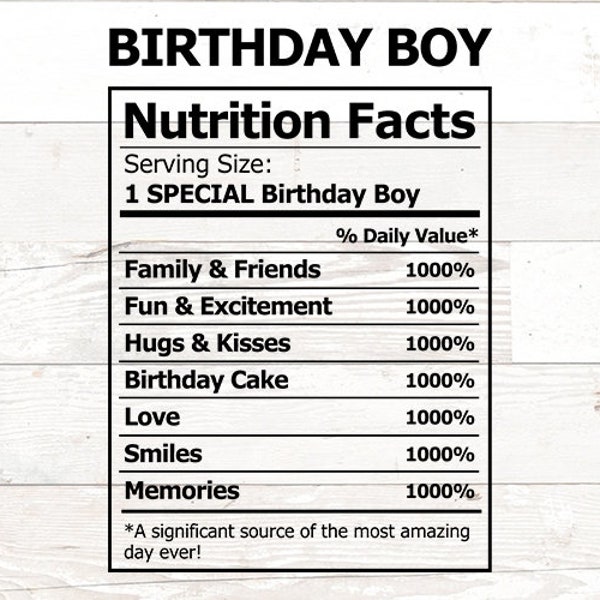 Anniversaire Facts, Nutrition Facts SVG DFX et PNG - birthday boy svg, nutrition label svg, birthday svg