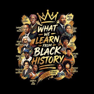 May include: A graphic design on a black background features portraits of historical figures with the text "What We Learn From Black History." The design includes a gold crown and brushstrokes, with names like Martin, Rosa, and Malcolm.