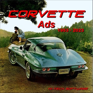 May include: A green 1967 Chevrolet Corvette Stingray coupe parked on a dirt road in a forest setting. The car has a black interior and a chrome bumper. The car is facing the camera and the rear of the car is visible. The car has a "Corvette" emblem on the rear bumper. The car is surrounded by trees and bushes. The text "Corvette Ads 1953-2023" is visible in the upper right corner of the image.