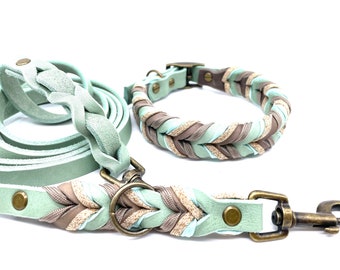 Leather collar and leash as a set or individually "Mint Taupe"