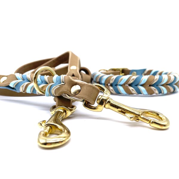 Leather collar and leash in a set or individually “Camel Lightblue”