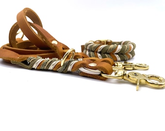 Leather collar and leash in a set or individually “Cognac Khaki”