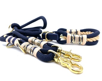 Adjustable dog collar with leather clasp and leash immSet or individually “Blue Beige Elegance”