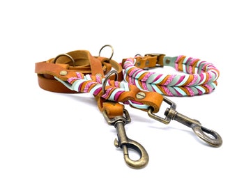 Leather collar and leash as a set or individually "Cognac Mint"