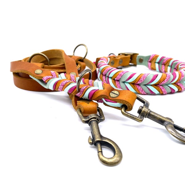 Leather collar and leash as a set or individually "Cognac Mint"