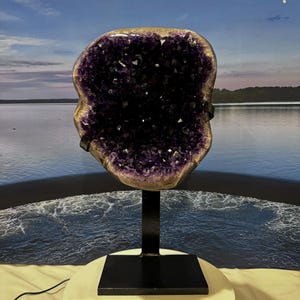 Flash Sale!!** TALL 18.5&quot; Druze Polished Crystal Cluster on Metal Stand | Dark Purple Crystals & Brown Edge Museum Quality AMS67
