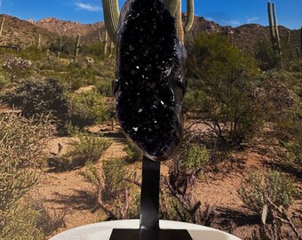 STUNNING 11 LB Druze Polished Crystal Cluster on a Metal Stand | Extremely Dark and Large Crystals - Museum Quality AMS25