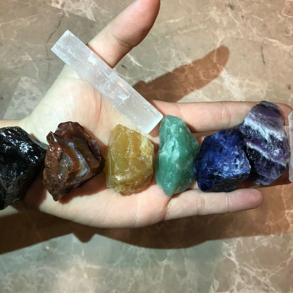 Flash Sale!!** Large Chakra Stones Set: 7 Rough Crystals and Raw Selenite 3/4 Lb+ (CHARGED ROCKS) Free S&H