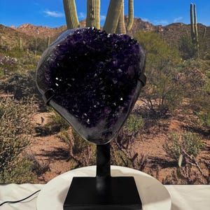 Flash Sale!!** TALL 14.5&quot; Amethyst Druze Polished Crystal Cluster on Metal Stand | Blue Edge & Dark Purple Crystals Museum Quality AMS61