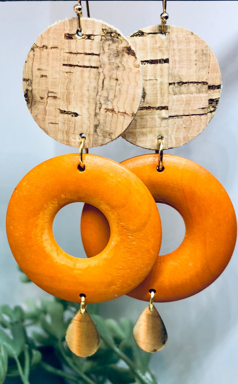 Yellow and Orange Brass Dangle Pendant Wooden Donut Bead Circle Cork Leather Gold Splatter Dangle Earrings Lightweight