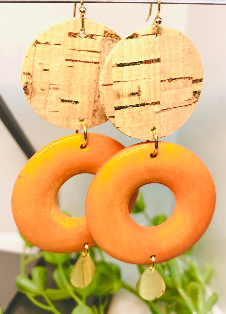 Yellow and Orange Brass Dangle Pendant Wooden Donut Bead Circle Cork Leather Gold Splatter Dangle Earrings Lightweight