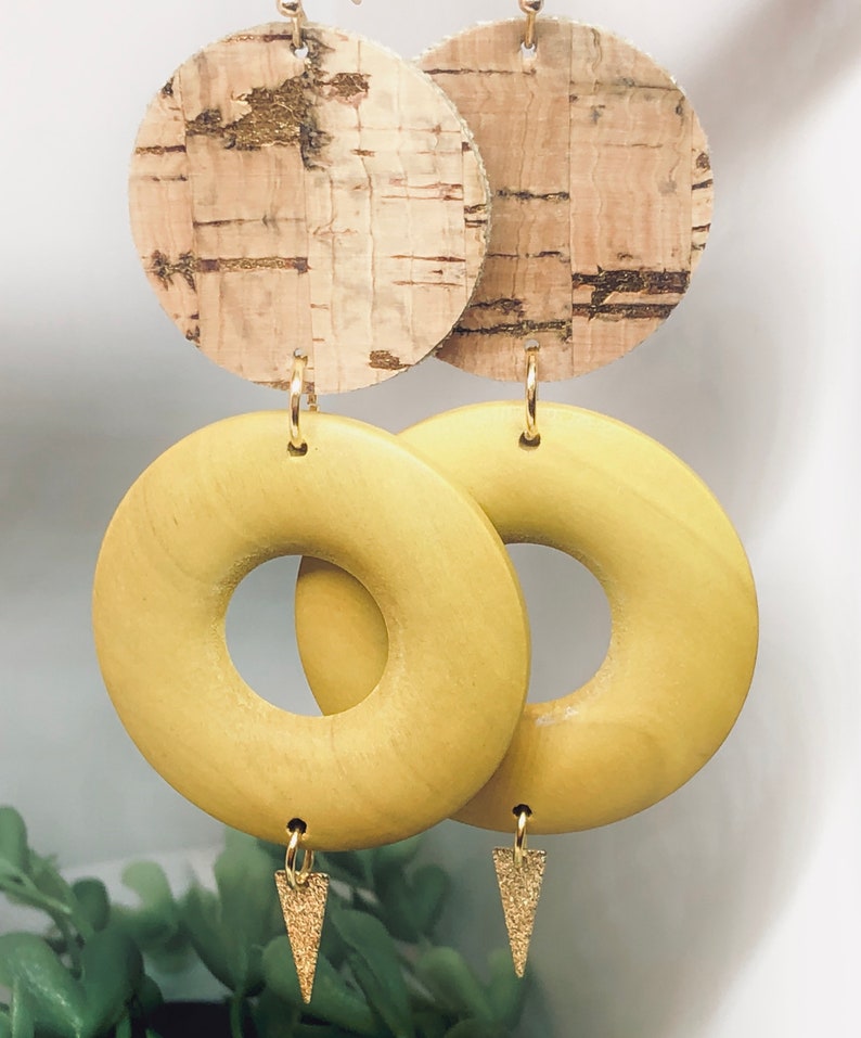 Yellow and Orange Brass Dangle Pendant Wooden Donut Bead Circle Cork Leather Gold Splatter Dangle Earrings Lightweight