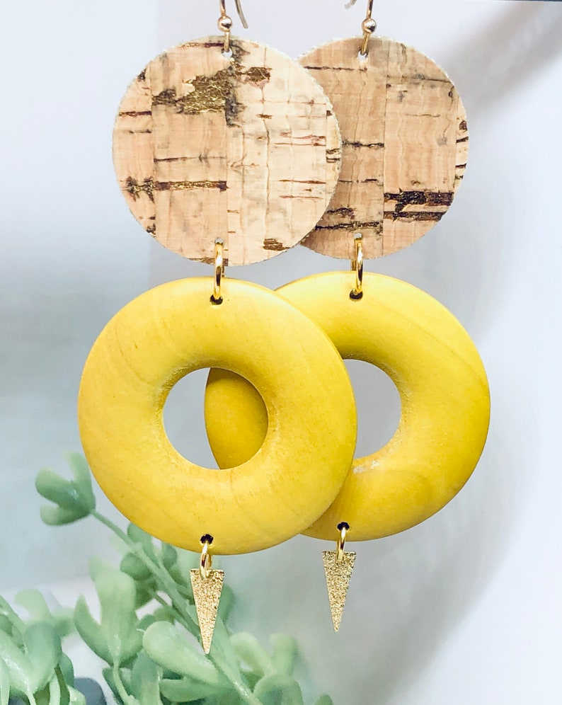 Yellow and Orange Brass Dangle Pendant Wooden Donut Bead Circle Cork Leather Gold Splatter Dangle Earrings Lightweight