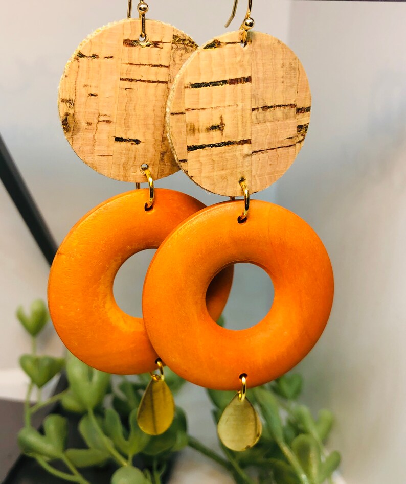 Yellow and Orange Brass Dangle Pendant Wooden Donut Bead Circle Cork Leather Gold Splatter Dangle Earrings Lightweight