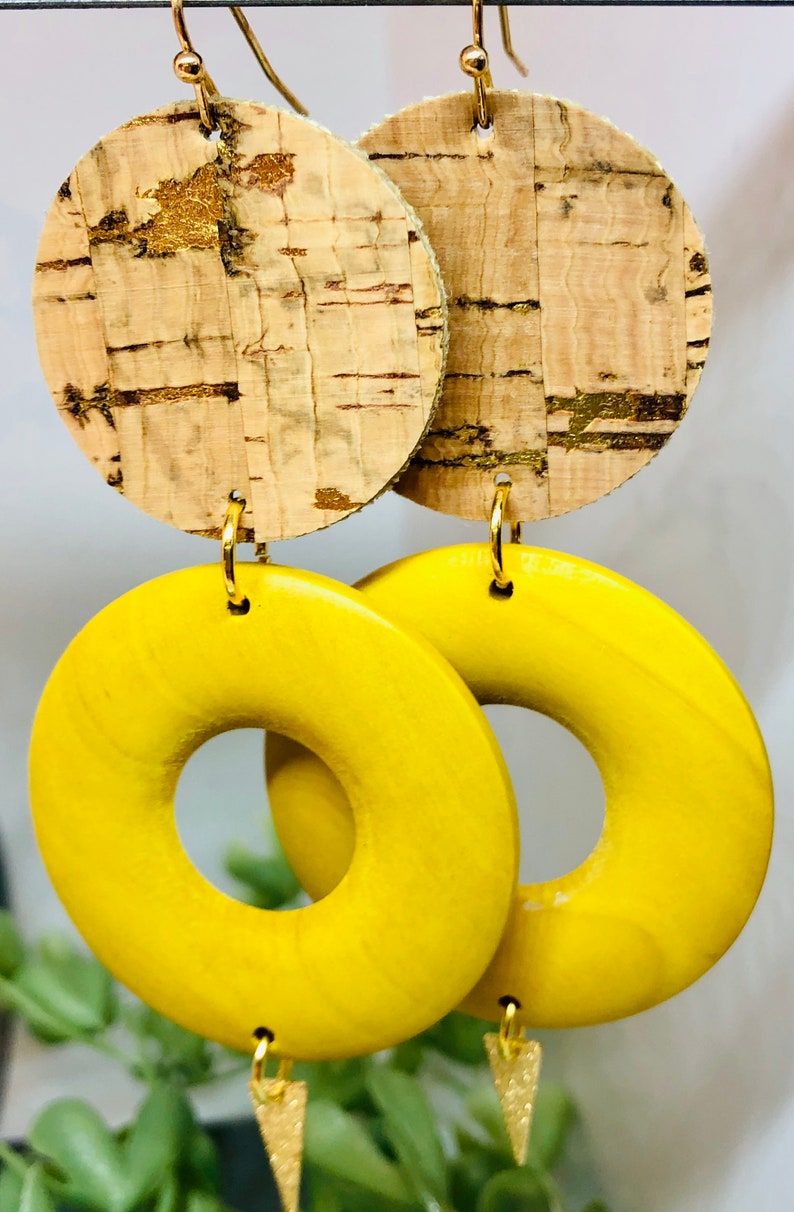 Yellow and Orange Brass Dangle Pendant Wooden Donut Bead Circle Cork Leather Gold Splatter Dangle Earrings Lightweight