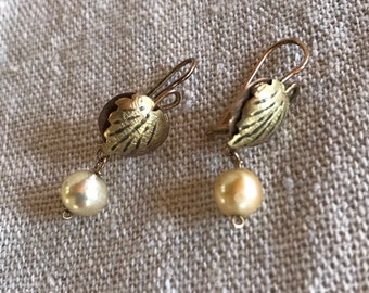 Vintage Cultured Pearl Leaf Drop Earrings