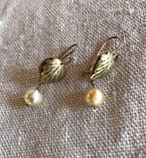 Vintage Cultured Pearl Leaf Drop Earrings - image 1