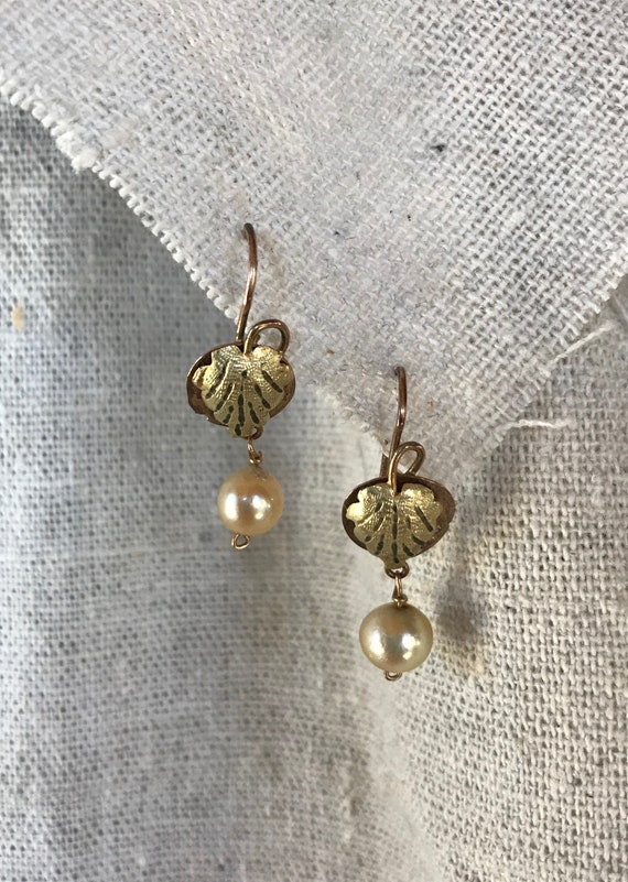 Vintage Cultured Pearl Leaf Drop Earrings - image 3