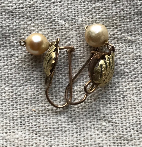 Vintage Cultured Pearl Leaf Drop Earrings - image 4