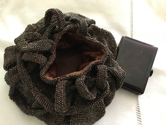 Gorgeous Antique Brown Beaded Bag and Compact - image 1