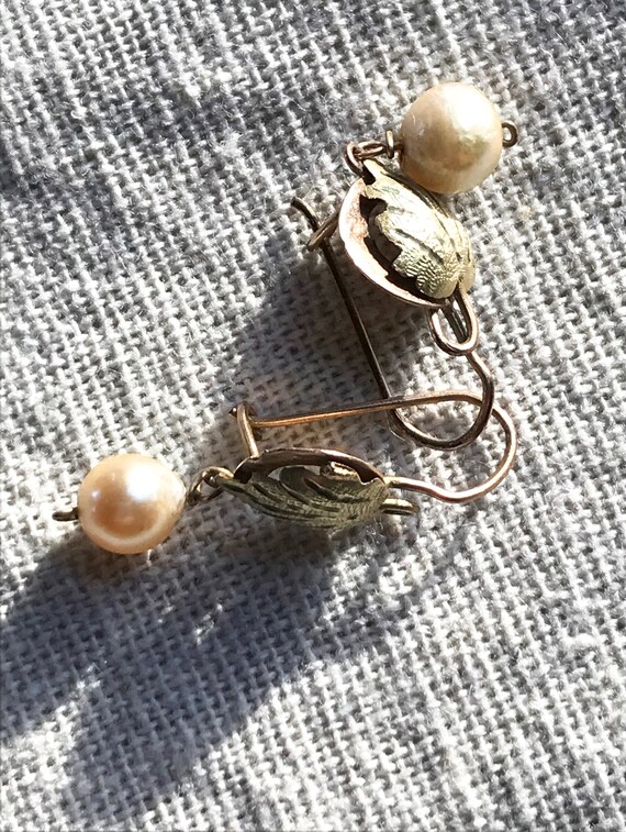 Vintage Cultured Pearl Leaf Drop Earrings - image 2