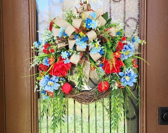 Patriotic Wreath, Patriotic Florals, Red White Blue, Summer Wreath, Summer Decor, Patriotic Decor, Spring Wreath, Smaller Wreath, Small Wrea