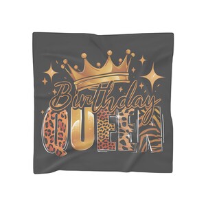 Poly Scarf, Birthday Queen Sheer, Lightweight Fashion Accessory for her Special Day, Golden Animal Print Scarf