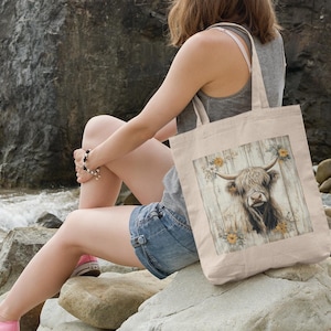 Bolsa de lona Highland Cow: bolsa de compras ecológica para amantes de la naturaleza, accesorio reutilizable para la compra.