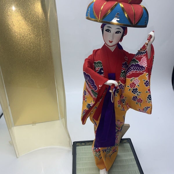 VTG Japanese Geisha Doll in Display Case and on Wooden Base 10" Tall