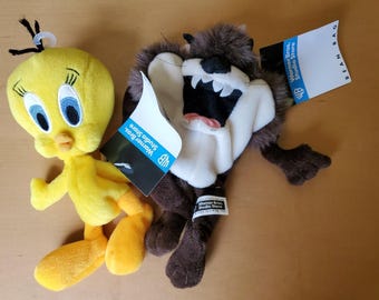 1997 Warner Bros Studio Store Tweetie Bird 8" & Taz 9" Tall Beanie Babies Plush