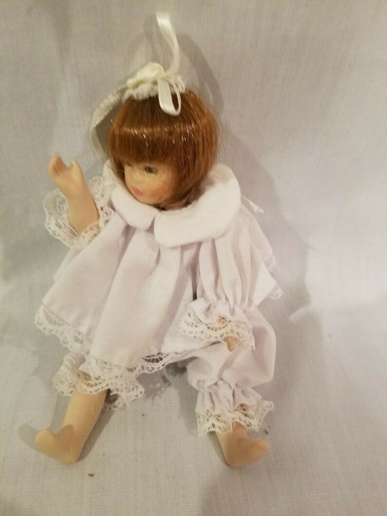 All Porcelain Doll Girl Miniaturize 6 Red Hair Lace Trim R Leg Needs Reattached image 1