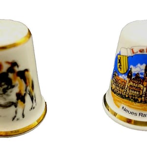Porcelain Bull Dog and Leipzig Neues Rathaus Thimbles