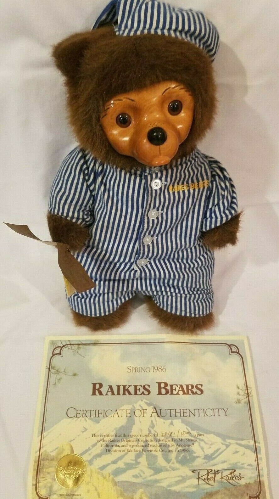 RARE Robert Raikes Jester Teddy Bear Clown With Mini Bear White Wooden