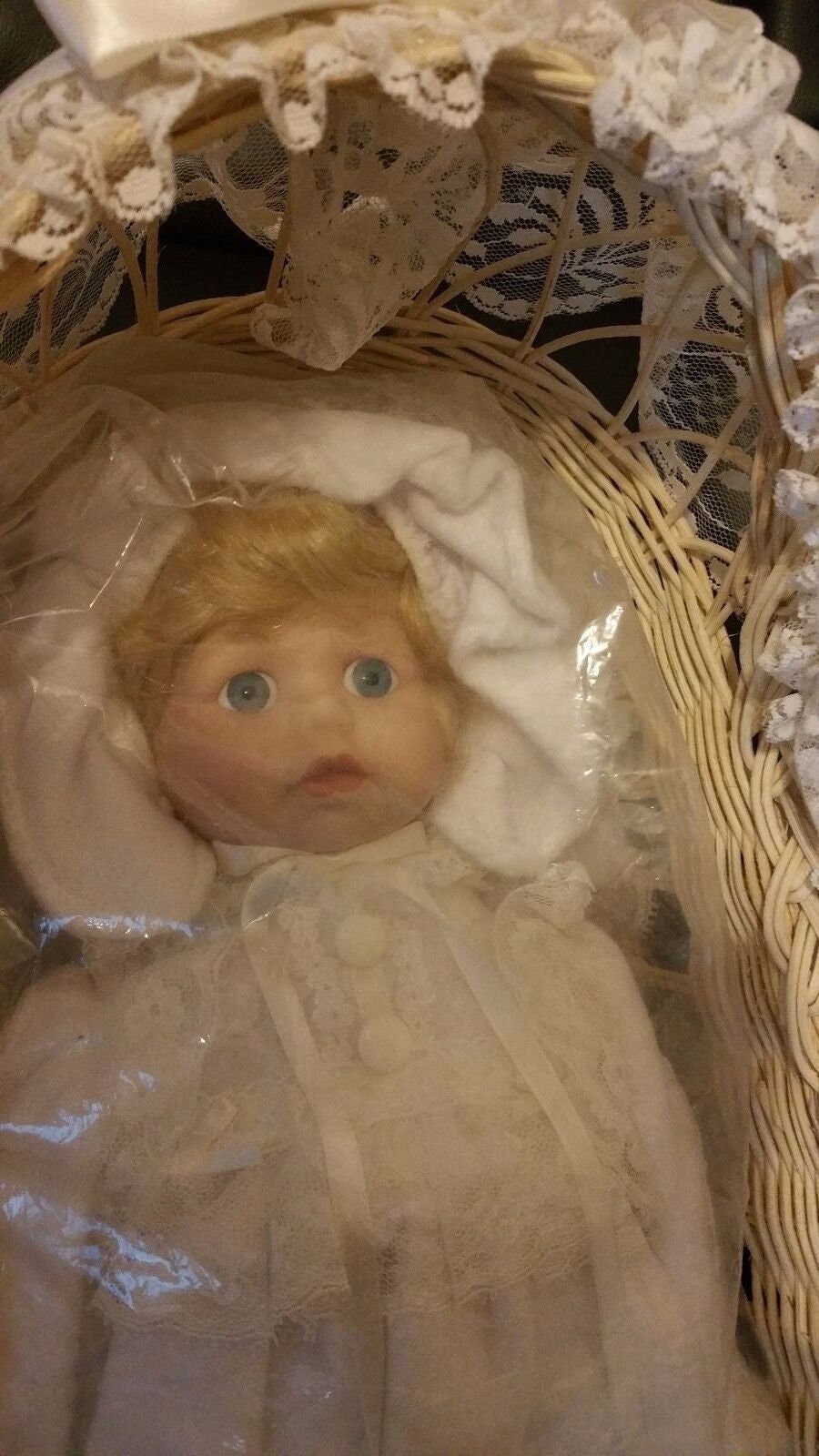 Victoria Impex porcelain doll with Bear and Basket Baby's First Christmas 12"
