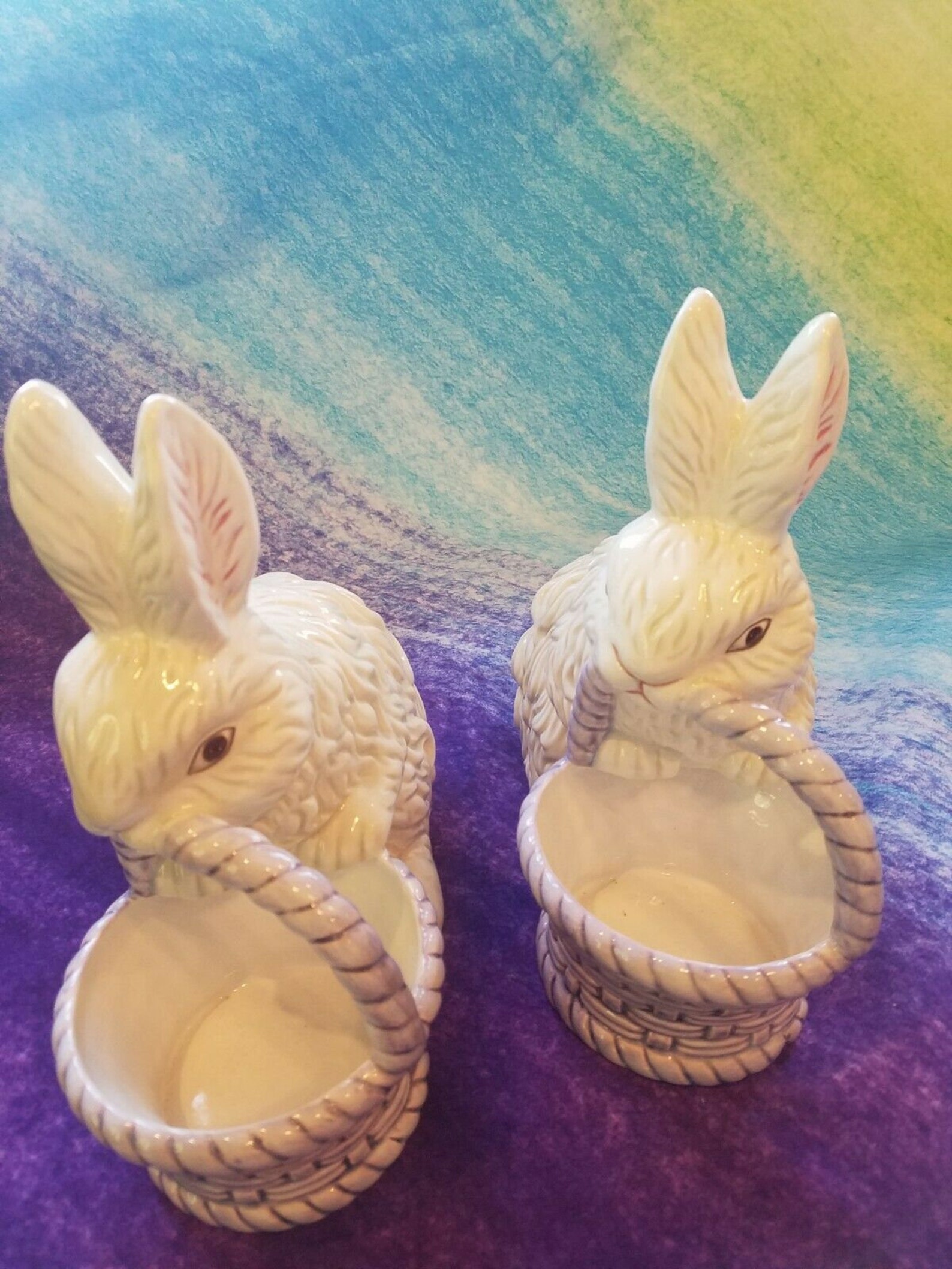 Ceramic Bunny Rabbits With Baskets Etsy