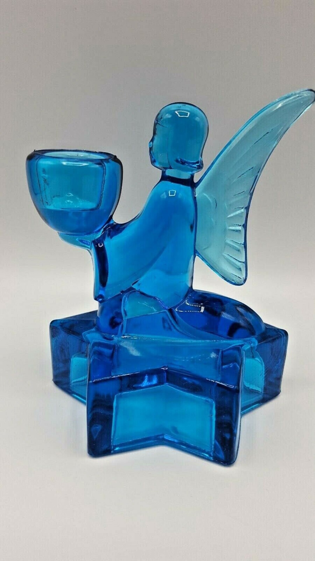Collectible Blue Glass Kneeling Angel Candle Holder Ornate Etsy