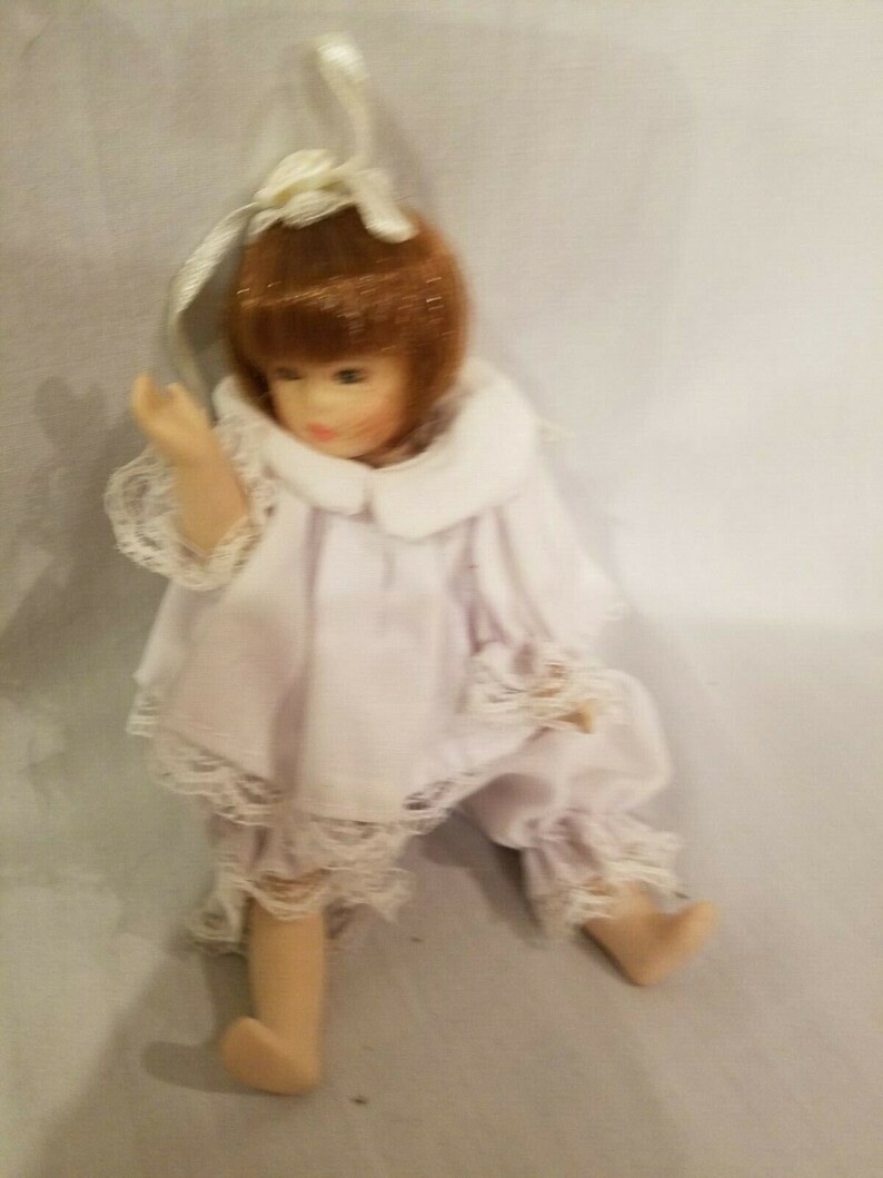 All Porcelain Doll Girl Miniaturize 6 Red Hair Lace Trim R Leg Needs Reattached image 2