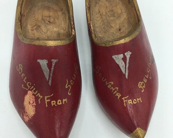 Miniature red wooden souvenir shoes from Belgium