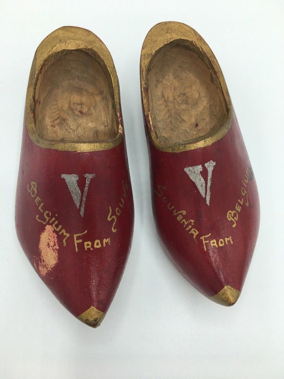 Miniature red wooden souvenir shoes from Belgium