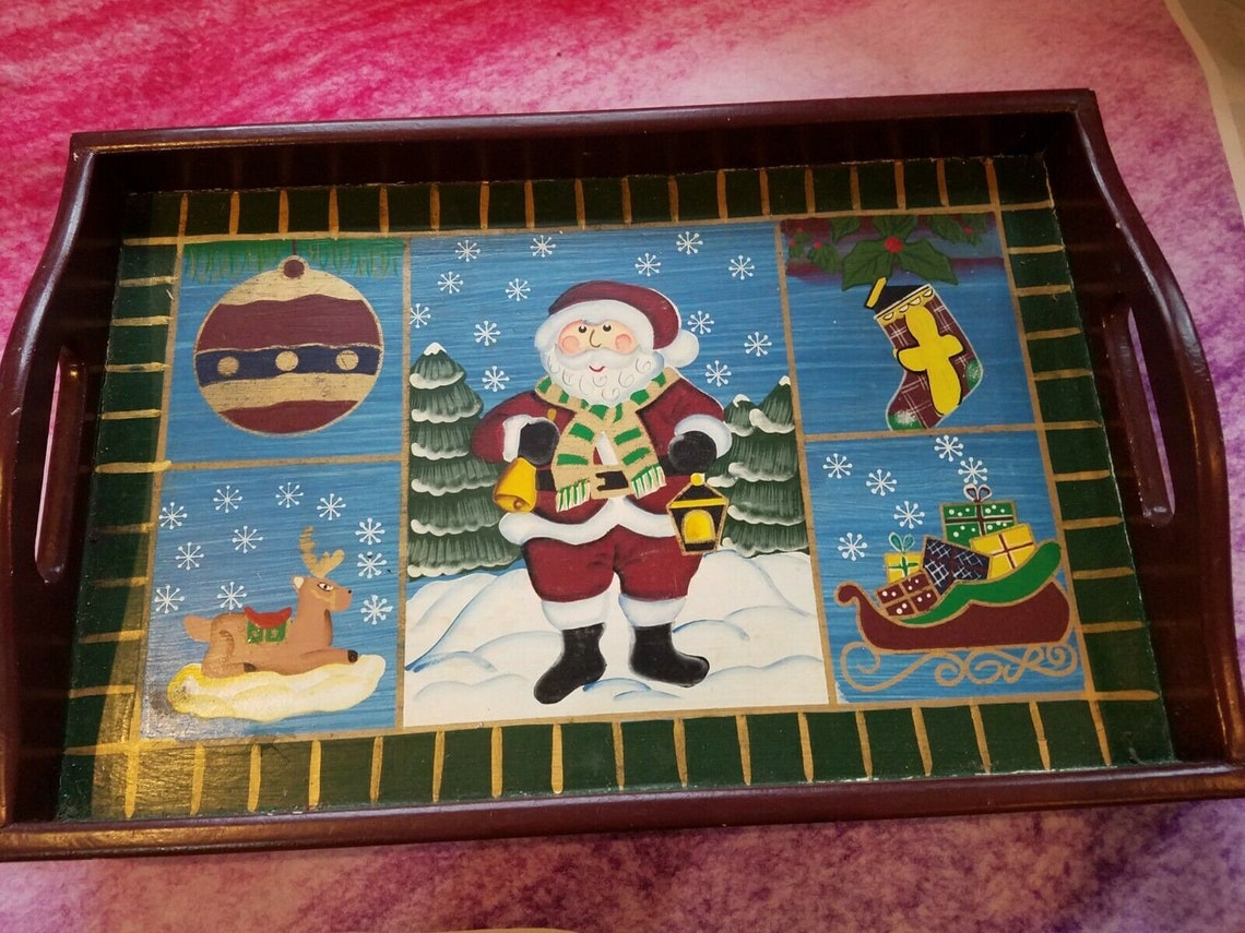 18 Santa Serving Cherry Wood Tray Merry Christmas Decor Etsy