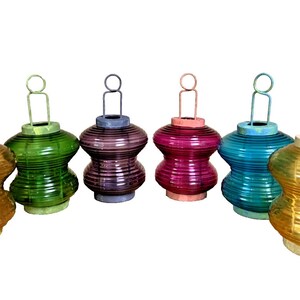 Colored Glass and Hand Painted Metal Tealight Lantern Holders Set of 6