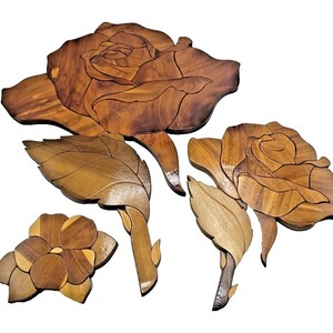 3 Wood Mosaic Roses Wall Hangings