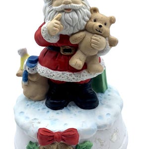 Vintage Music Box Santa w/Teddy Bear and Toys &quot;Here Comes Santa Claus&quot; Tune