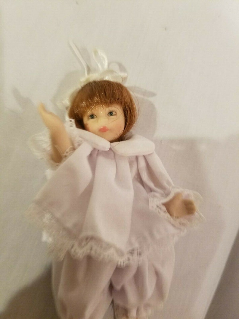 All Porcelain Doll Girl Miniaturize 6 Red Hair Lace Trim R Leg Needs Reattached image 5
