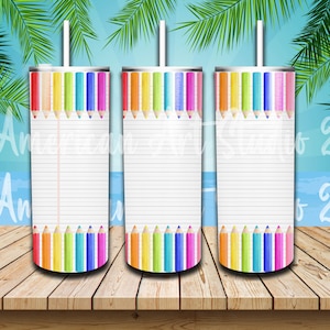 20oz Skinny Tumbler Regenbogen Bleistifte Notizbuch Papier PNG Sublimation Design Vorlage, Buntstifte Lehrer Tumbler Wraps PNG Digital Download