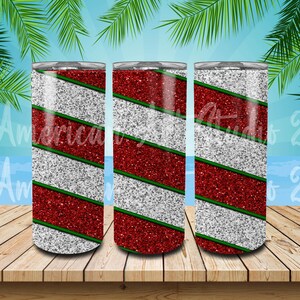 SEAMLESS Christmas Tumbler Wrap, 20 oz Skinny Tumbler Design, Candy Cane, Red and White Glitter, Gift