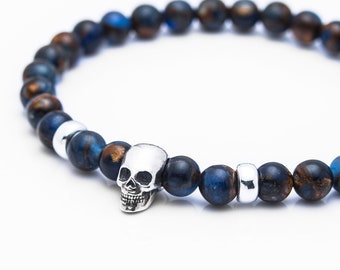 Sterling Silver Skull Bracelet - Gemstone Bracelet - Skull Jewellery - Protection Bracelet - Blue Cloisonne - Gift For Him -Gift For Her