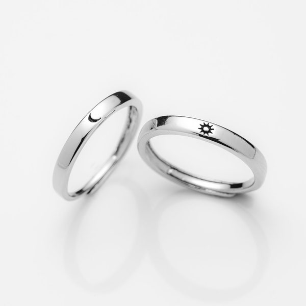 Zon en maan zilveren ringen | Bijpassende ringen | Sterling zilveren paar ringen | Verstelbare ringen | Minimalistische ring | Liefhebbers ringen