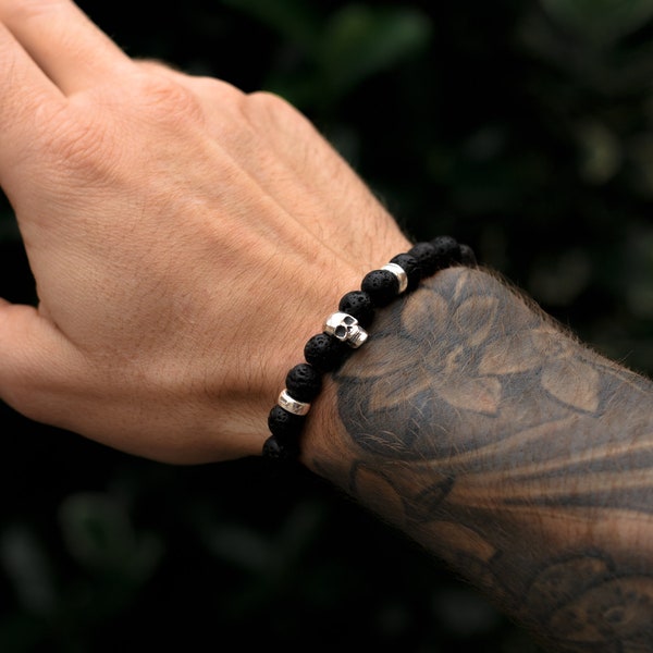 Bracelet Skull Mens - Bracelet Homme Sterling Argent - Bracelet Boyfriend - Bracelet Lava Stone - Men Skull Jewellery - Gothic Men Jewellery