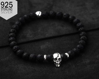 Goth Lava Rock Skull Bracelet, Good Luck Bracelet, Gothic Charm Bracelet, Boyfriend, Gift For Him, Gift For Her, Eco Friendly Packaging.